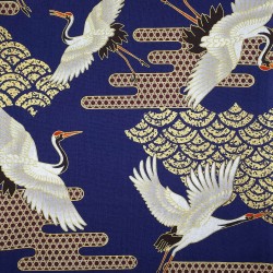 Tissu bleu vagues et grandes grues