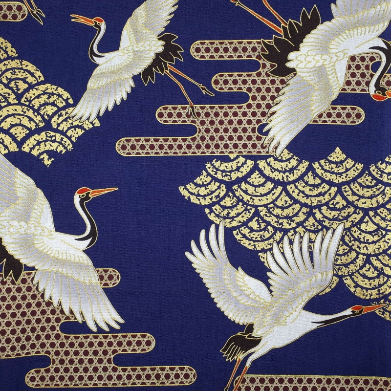 Tissu bleu vagues et grandes grues