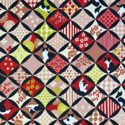 Tissu japonais rouge rose et jaune chats et motifs graphiques
