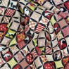 Tissu japonais rouge rose et jaune chats et motifs graphiques