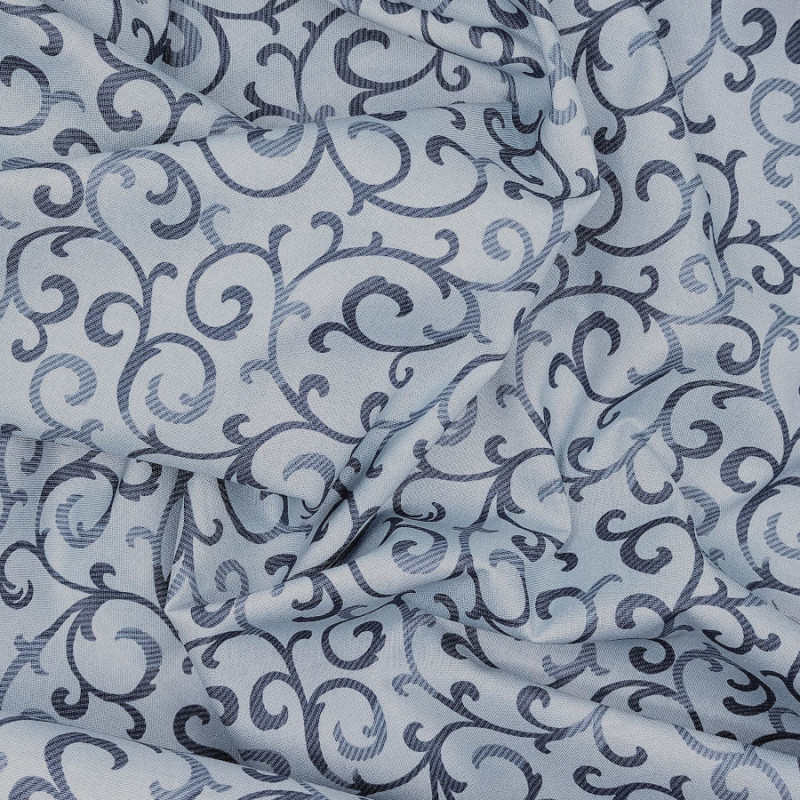 Blue grey fabric with large arabesque patterns