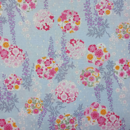 Tissu bleu pastel fleurs fuchsia orange et blanches en coton dobby