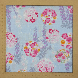 Tissu bleu pastel fleurs fuchsia orange et blanches en coton dobby