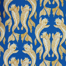 Tissu bleu roi carpes jaune ocre