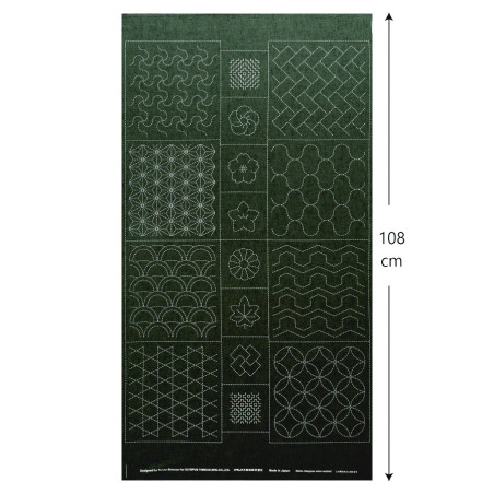 Panneau toile sashiko vert sapin motifs géométriques (60x108cm)