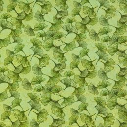 Light green and beige cotton jersey fabric with ginkgo patterns (156cm width)