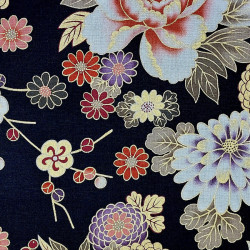 Tissu japonais noir pivoines et chrysanthèmes avec du doré