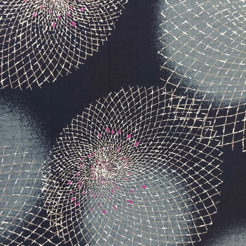 Japanese midnight blue textured fabric with stylized chrysanthemum patterns