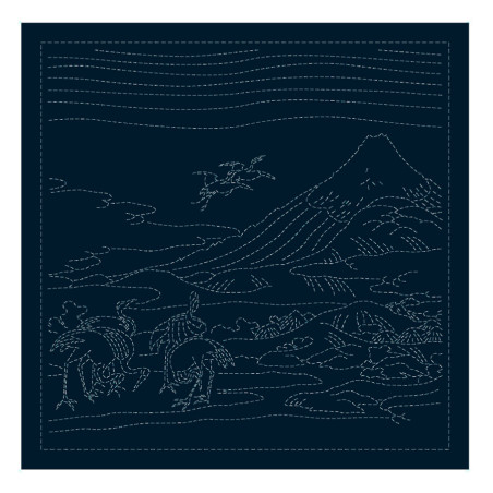 Coupon tissu sashiko bleu nuit pré-imprimé Les champs du hameau d'Umezawa par Hokusaï