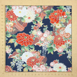 Tissu bleu foncé fleurs rouges et argentées