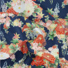 Tissu bleu foncé fleurs rouges et argentées