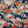 Tissu bleu foncé fleurs rouges et argentées