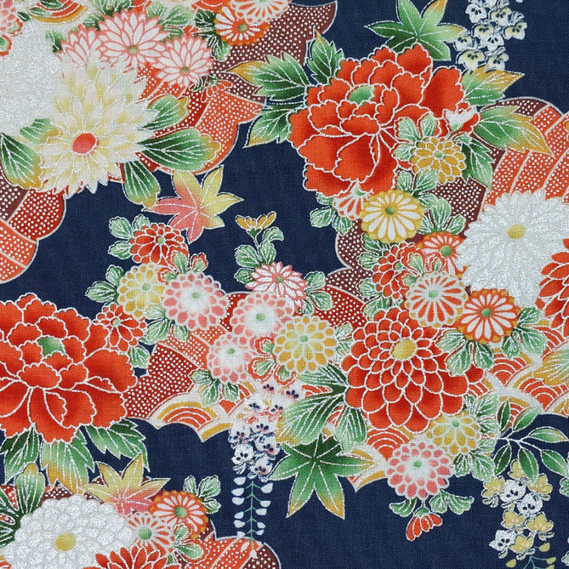 Tissu bleu foncé fleurs rouges et argentées