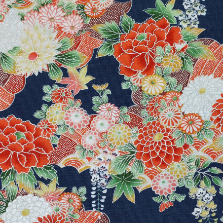 Tissu bleu foncé fleurs rouges et argentées