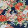 Tissu bleu foncé fleurs rouges et argentées