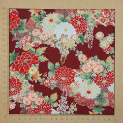 Tissu rouge foncé fleurs rouges oranges jaunes et argentées