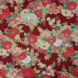 Tissu rouge foncé fleurs rouges oranges jaunes et argentées