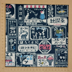 Tissu coton épais étiquettes japonaises rétro sur fond bleu nuit