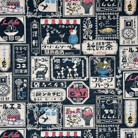 Tissu coton épais étiquettes japonaises rétro sur fond bleu nuit
