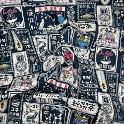 Tissu coton épais étiquettes japonaises rétro sur fond bleu nuit