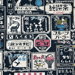 Tissu coton épais étiquettes japonaises rétro sur fond bleu nuit