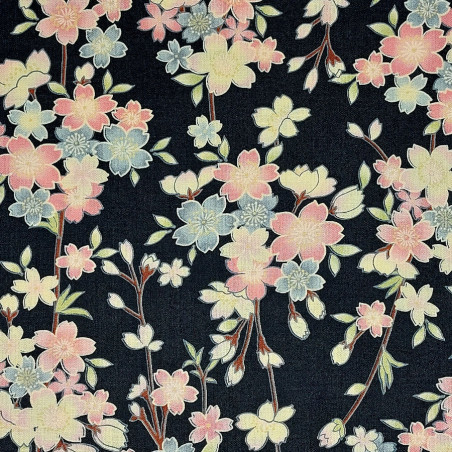 Light Japanese cotton fabric in black with cherry blossom patterns