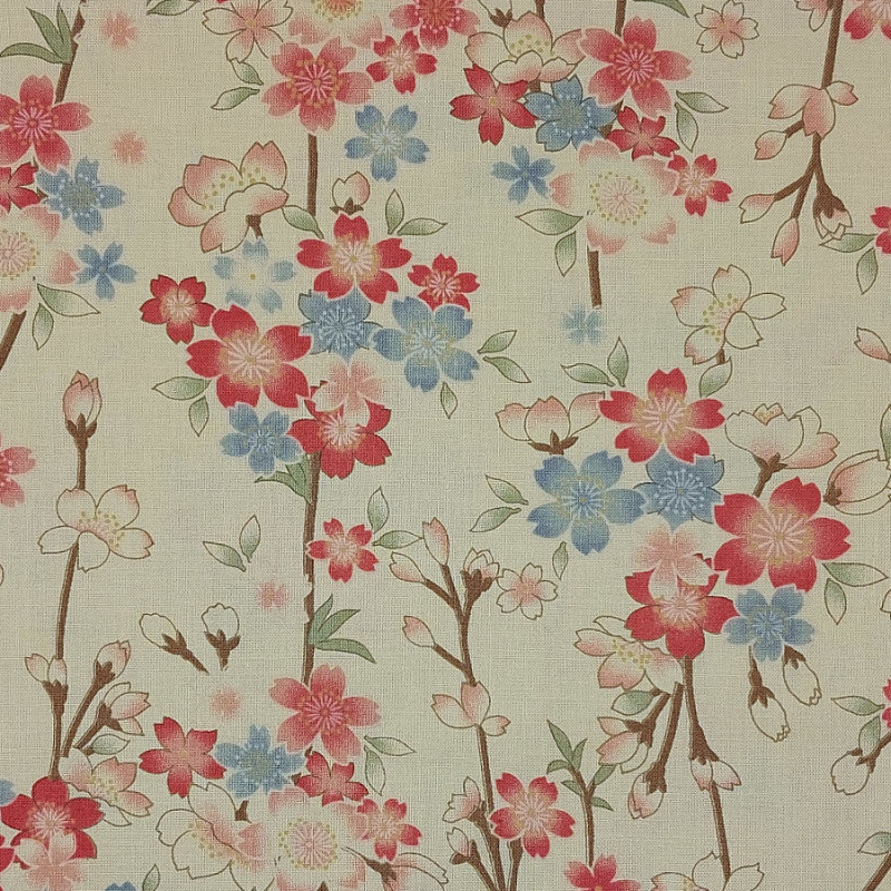 Tissu japonais coton fin beige sable fleurs de cerisier
