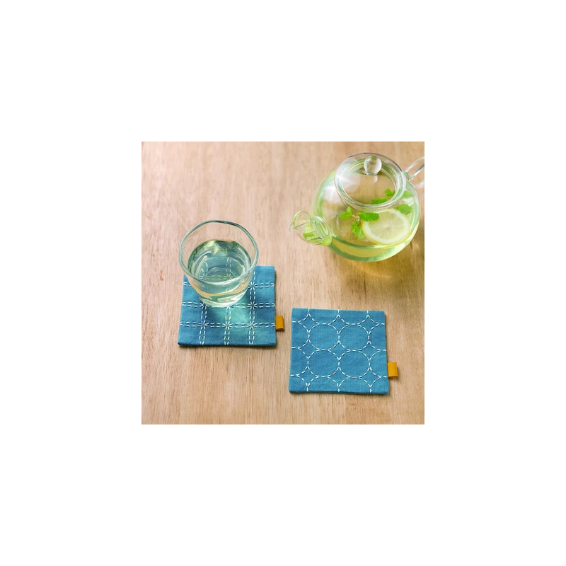 Kit sashiko 2 dessous de verres bleu canard
