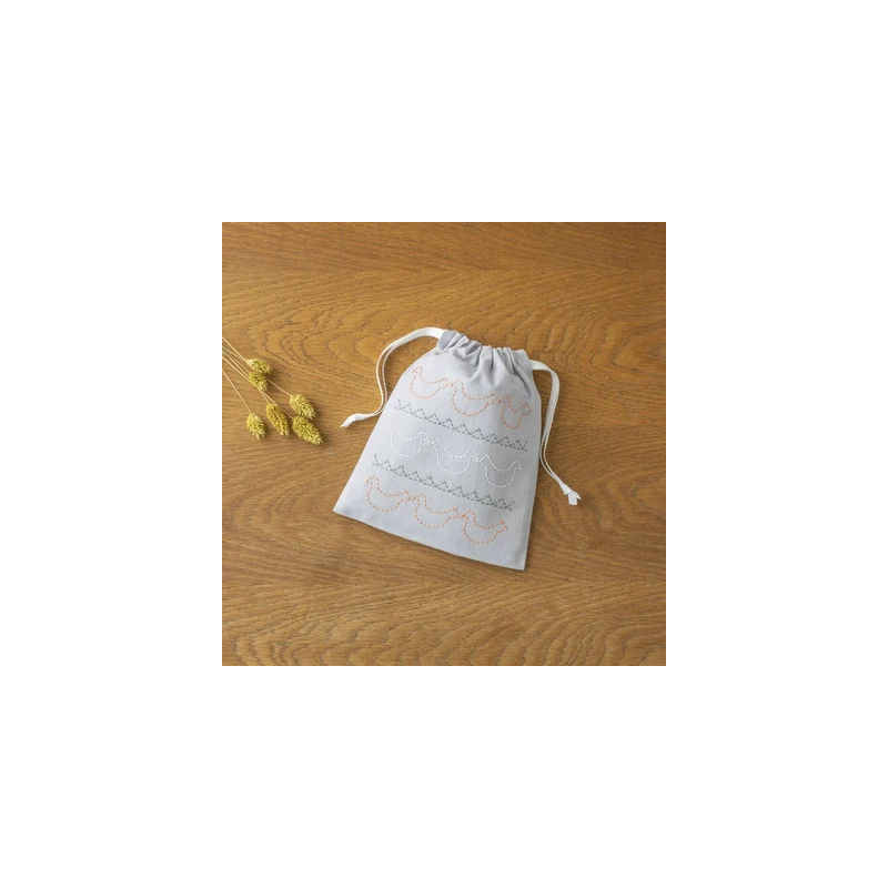 Kit sashiko pochon gris oiseaux