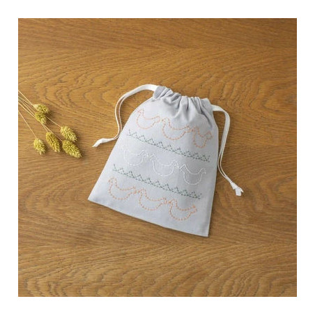 Kit sashiko pochon gris oiseaux