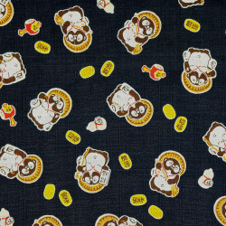 Tissu noir motifs de tanuki en coton dobby