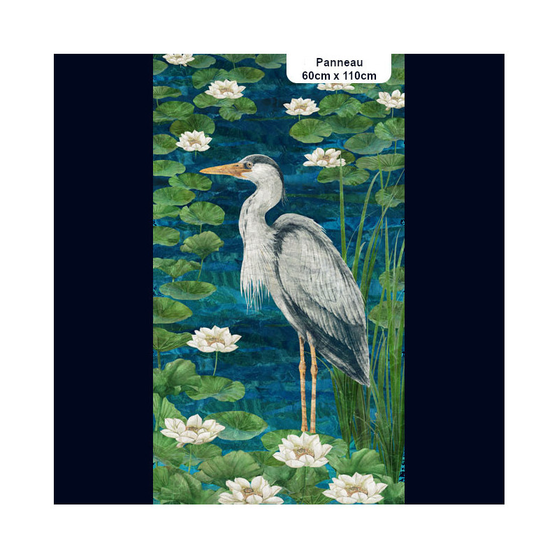 Heron and water lily panel 109cm high x 60cm wide
