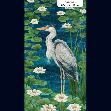 Heron and water lily panel 109cm high x 60cm wide
