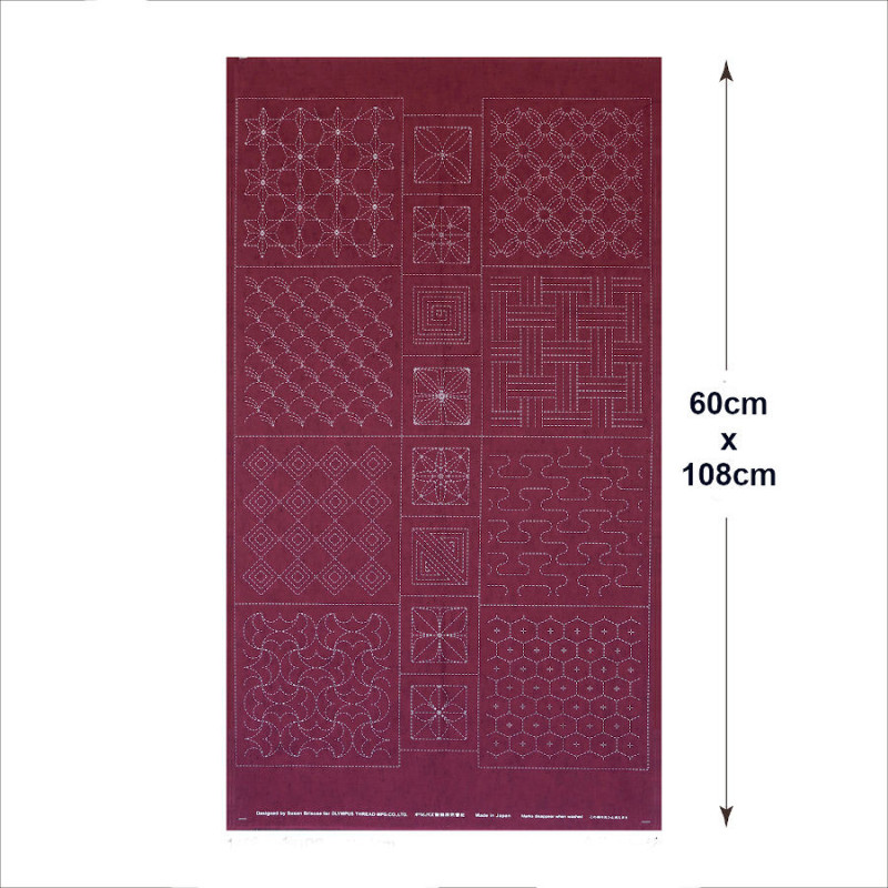 Burgundy sashiko panels with graphical patterns version 2 (60x108cm)