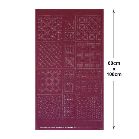 Burgundy sashiko panels with graphical patterns version 2 (60x108cm)