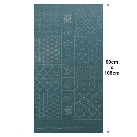 Duck blue denim sashiko panels with graphical patterns (60x108cm)