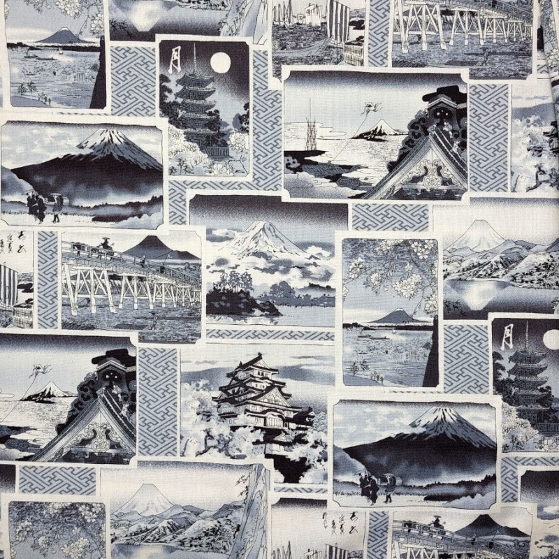 Tissu noir et gris estampes avec paysages