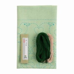 Sashiko green embroidery kit with little birds in a garden pattern