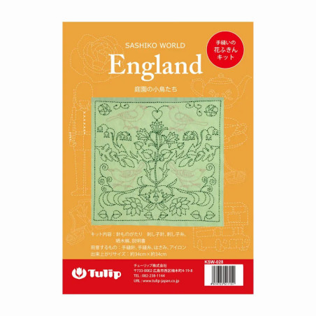 Sashiko green embroidery kit with little birds in a garden pattern