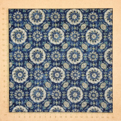 Tissu coton rustique rosaces bleu et beige