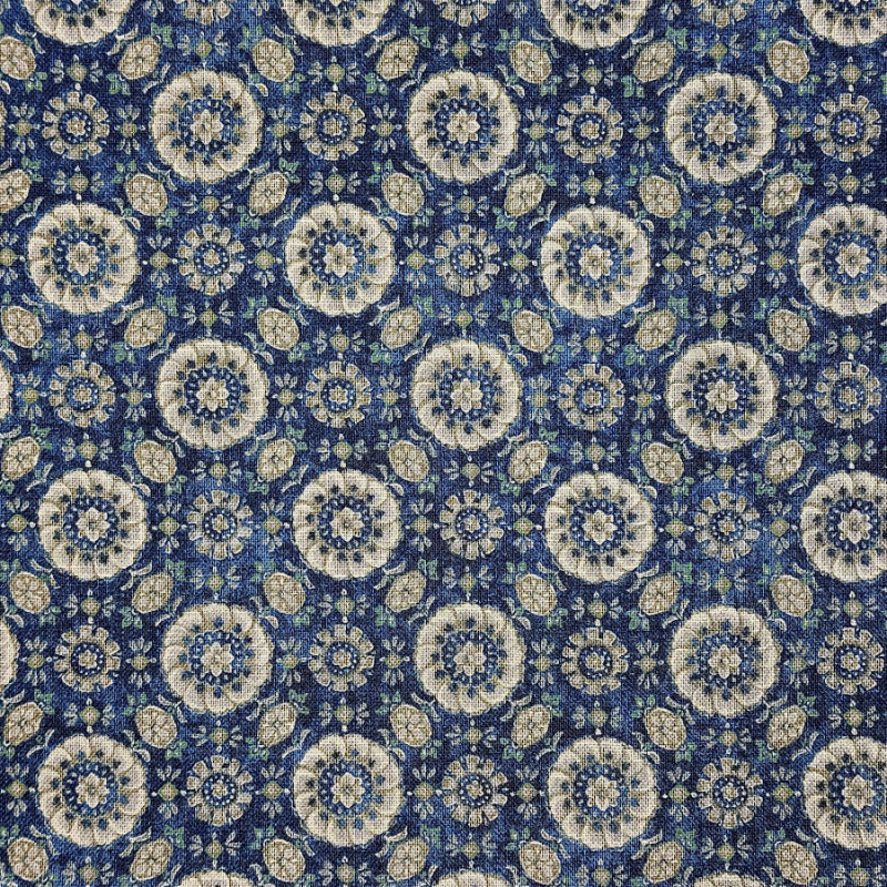 Rustic Japanese cotton fabric with blue and beige rosettes