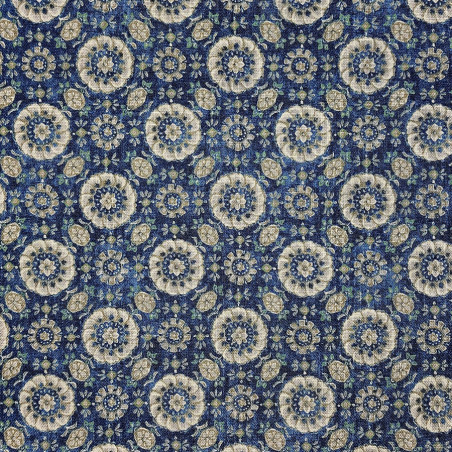 Rustic Japanese cotton fabric with blue and beige rosettes