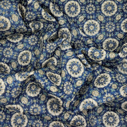 Tissu coton rustique rosaces bleu et beige