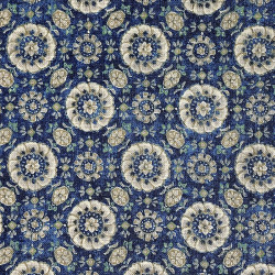 Tissu coton rustique rosaces bleu et beige