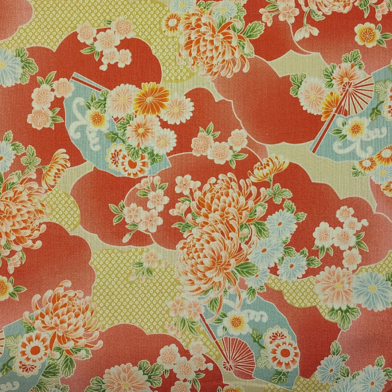 Tissu japonais coton fin orange foncé éventails et fleurs