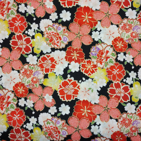 Tissu Kokka fleurs de cerisier jaunes et rouges sur fond noir