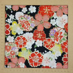 Tissu Kokka fleurs de cerisier jaunes et rouges sur fond noir