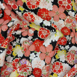 Tissu Kokka fleurs de cerisier jaunes et rouges sur fond noir