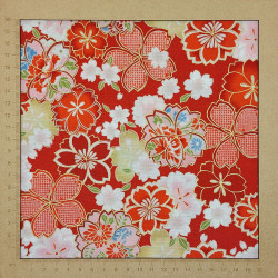 Tissu Kokka rouge fleurs de cerisier rouges, roses, jaunes et blanches