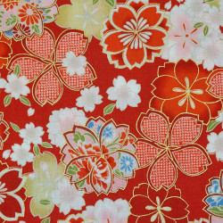 Tissu Kokka rouge fleurs de cerisier rouges, roses, jaunes et blanches